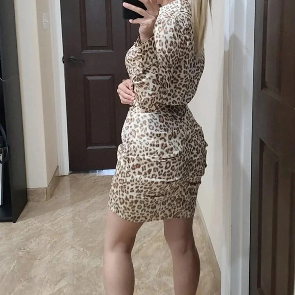 Pretty Little Thing Nude Satin Cheetah Print Dress - Picture 5 of 14